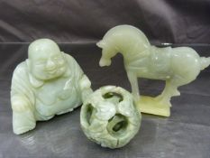 Jade collectables. Tang Dynasty style jade horse, Jade Buddha and a Jade Trinket piece.