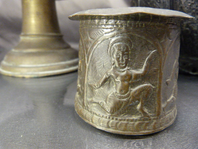 Oriental metal Tazza, Early oriental beaker and an oriental vase on splayed base - Image 4 of 14