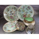 Three Celadon plates with hand painted decoration and an oriental Cloisonne relief apple shaped lid.