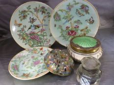 Three Celadon plates with hand painted decoration and an oriental Cloisonne relief apple shaped lid.