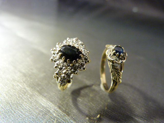 Two 9ct Gold rings. Both set with Central sapphire and surrounded by Diamonds. Size UK - (1) I - Image 5 of 6