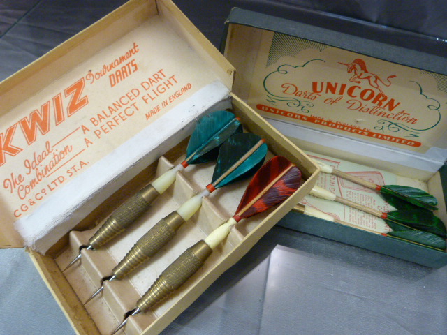 Two boxed set of early darts by 'Kwiz and Unicorn