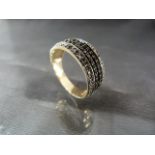 9ct Gold 8.5 mm wide band ring with 2 bands of illusion set small white diamonds, with a central