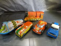 Five Vintage Tinplate toys to include a Tinplate Royal Scot Locomotive, Fire car made in Hong