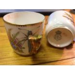 Two Royal Worcester porcelain teacups with butterfly handles with flora & fauna decoration (small