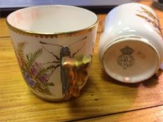 Two Royal Worcester porcelain teacups with butterfly handles with flora & fauna decoration (small