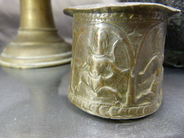Oriental metal Tazza, Early oriental beaker and an oriental vase on splayed base - Image 3 of 14