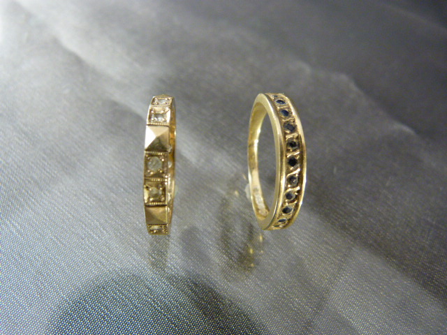 Two 9ct Eternity type rings. One set with half band of sapphires and the other set with Diamonds. - Image 3 of 5