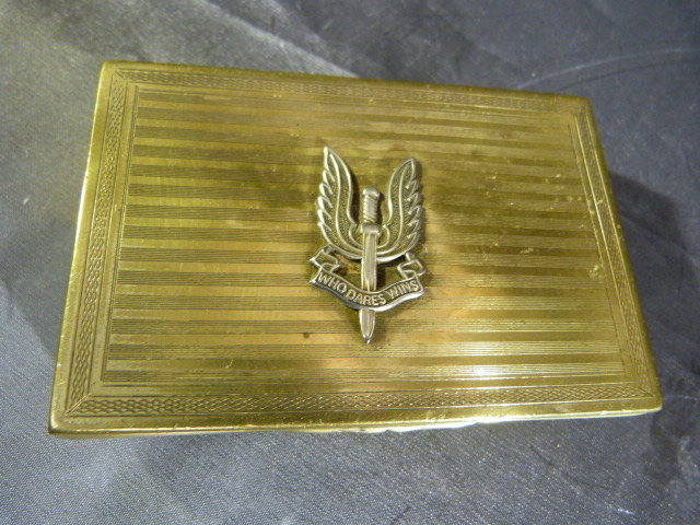 Brass Snuff/Cigarette case with mounted hat pin 'Who Dares Win' (SAS) with engine turned - Image 2 of 4