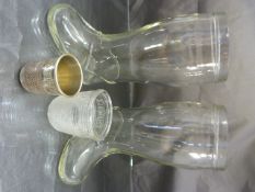 Worthington glass beer boot and a pair of 'Just a Thimble' drinking cups. 1 in glass with the