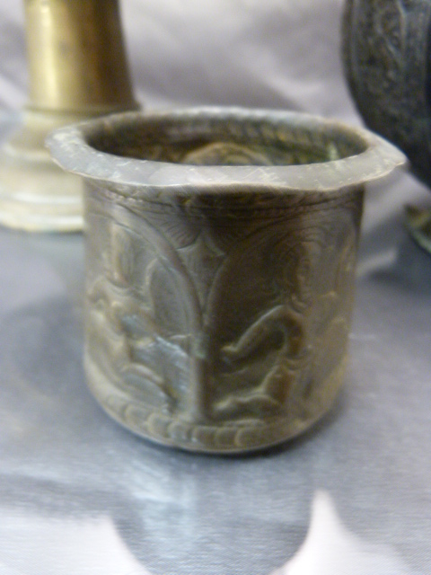 Oriental metal Tazza, Early oriental beaker and an oriental vase on splayed base - Image 2 of 14