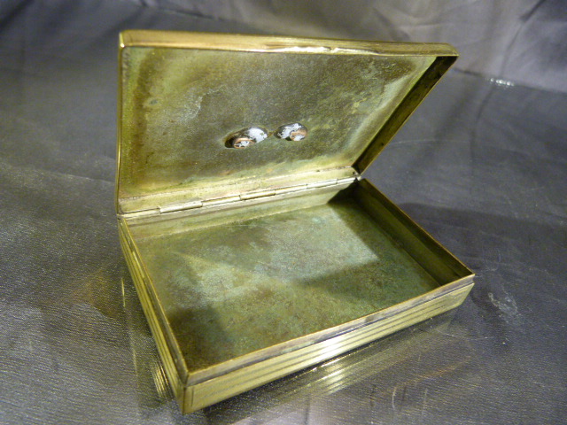 Brass Snuff/Cigarette case with mounted hat pin 'Who Dares Win' (SAS) with engine turned - Image 3 of 4