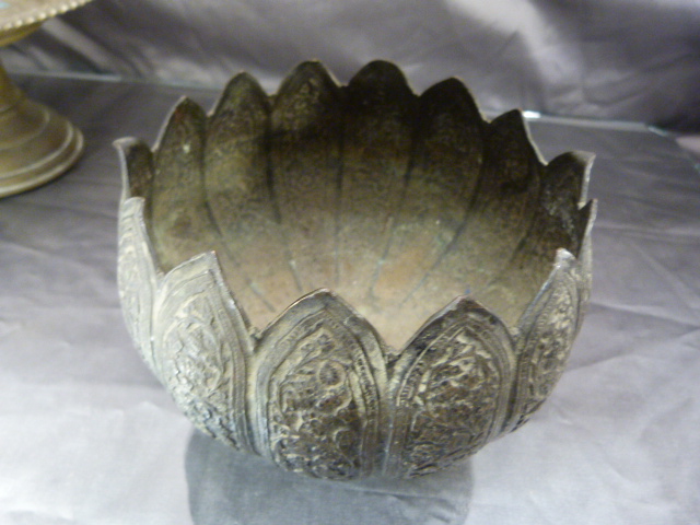 Oriental metal Tazza, Early oriental beaker and an oriental vase on splayed base - Image 6 of 14