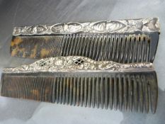 Two tortoiseshell and Silver combs. 1 with hallmarks for London decorated with cherubs and floral