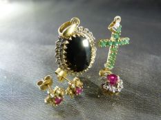 Three 9ct Gold Gemset pendants. Small ruby and Diamond cluster pendant with matching earrings,
