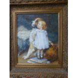 Thomas Lancaster - 'Young Girl with her dog'. Oil on canvas and signed. In large Gilt ornate frame