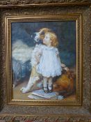 Thomas Lancaster - 'Young Girl with her dog'. Oil on canvas and signed. In large Gilt ornate frame