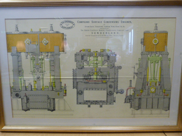 Framed Blue print of Compound Surface Condensing Engines of Steam Ships 'Singapore', 'Canton','