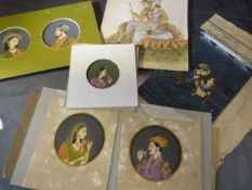 Lovely collection of Indian hand painted miniatures on parchments. Two Mughal paintings of man and