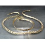 Three colour Gold 9ct hallmarked necklace and bracelet set using flat intertwined chains, boxed.