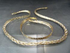 Three colour Gold 9ct hallmarked necklace and bracelet set using flat intertwined chains, boxed.