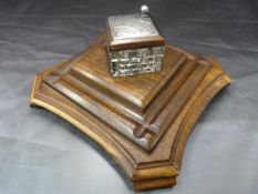 Hallmarked Silver, London 1910 by H F Daltrey & Co topped cut glass inkwell on a Rosewood carved