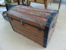 Large wooden bound domed trunk with original metal locks
