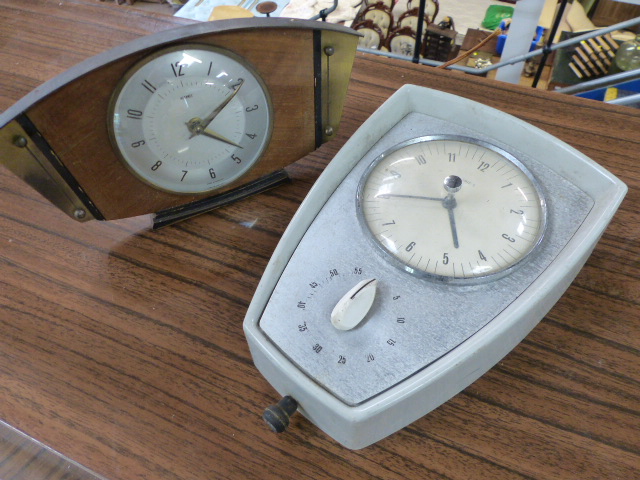 Mid-Century Smiths wall clock with timer and a Metal and wooden Metamec Clock.