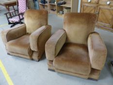 Pair of Dralon Fabric upholstered tan coloured club chairs of sweeping design. Missing original