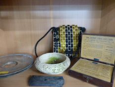 Pair of early glasses in Polaroid case. (glasses not marked), vintage handbag, Boots first aid box