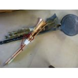 Unusual set of Fire dogs and other pieces, copper hunting horn and a brass bed pan