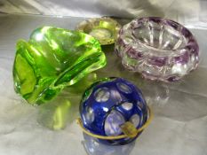 Murano Glass Ashtray in green and a Murano purple swirled bowl and a Bristol style blue and clear