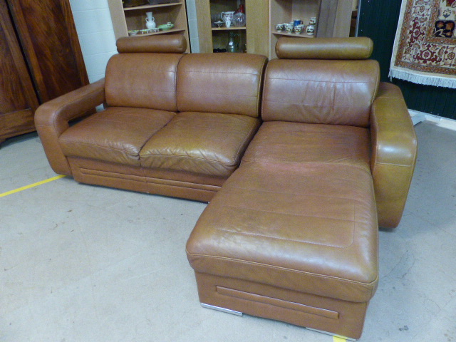 Tan leather three seater sofa with Chaise end by Denelli Italia