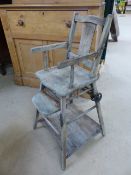 Antique Teak childrens metamorphic high chair/push along chair with original china beads.