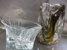 Large Whitefriars black and clear glass vase along with a heavy clear glass vase