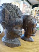 Two Carved wooden hardwood african busts