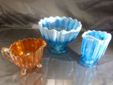 Victorian Davidson Blue Opaline footed glass bowl 130643 along with a matching milk jug. Similar