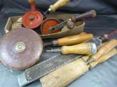 Vintage tools to include chisels and hand turned drills. Some with treen handles also a Chesterman