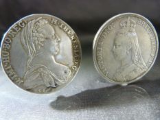 Two silver coins: A Victoria crown dated 1890 & A Maria Theresia 1 Thaler (appox. 28g)