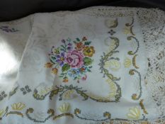 Victorian hand sewn linen and lace table cloth with panels depicting flowers