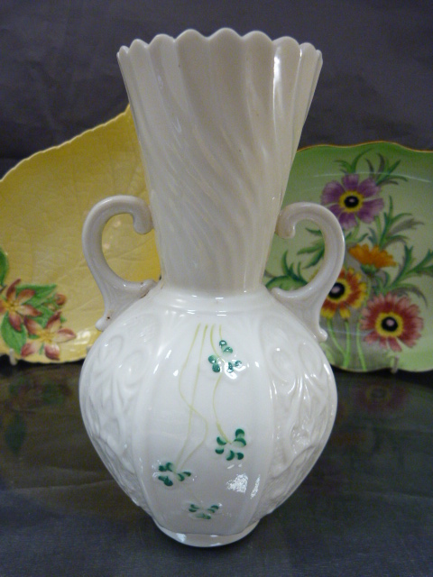Modern Belleek twin handled vase with fluted neck (Green stamp) Pair of Royal Worcester tri-legged - Image 4 of 9