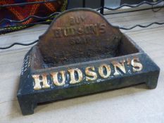 Vintage cast iron advertising water trough for Hudson's with notation 'Drink, Puppy, Drink'.