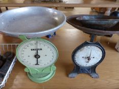 Pair of Salter scales along with one other and a large quantity of various cast iron weights and