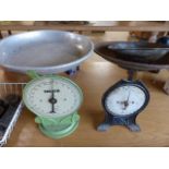 Pair of Salter scales along with one other and a large quantity of various cast iron weights and