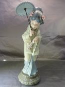 Lladro figure of an Oriental lady holding an umbrella stood on a Plinth