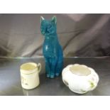 Portueguese Pottery Siamese cat in vibrant blue, an Aynsley pot and a Victorian 'For a Good Girl'