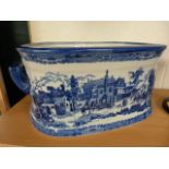 Blue and White twin handled Footbath, the bottom marked Victoria Ware Ironstone.