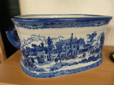 Blue and White twin handled Footbath, the bottom marked Victoria Ware Ironstone.