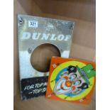 Dunlop sign - 'For Top mileage - Top Safety' . Missing Thermometer along with tinplate clown hooks