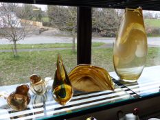 Studio Art Glassware. To include a Tall Murano baluster shaped vase in an Amber marbled colour,